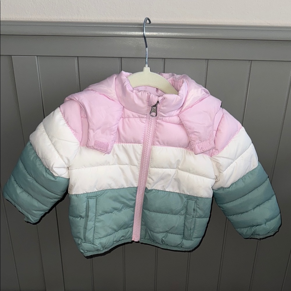 Kids Colorblock Puffer Jacket - Pink, White, and Green
